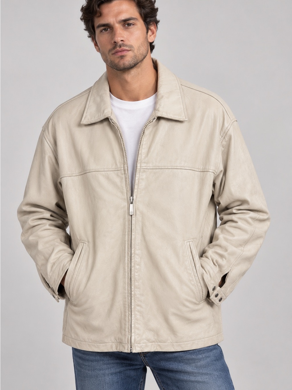 Cream Leather Zip Jacket
